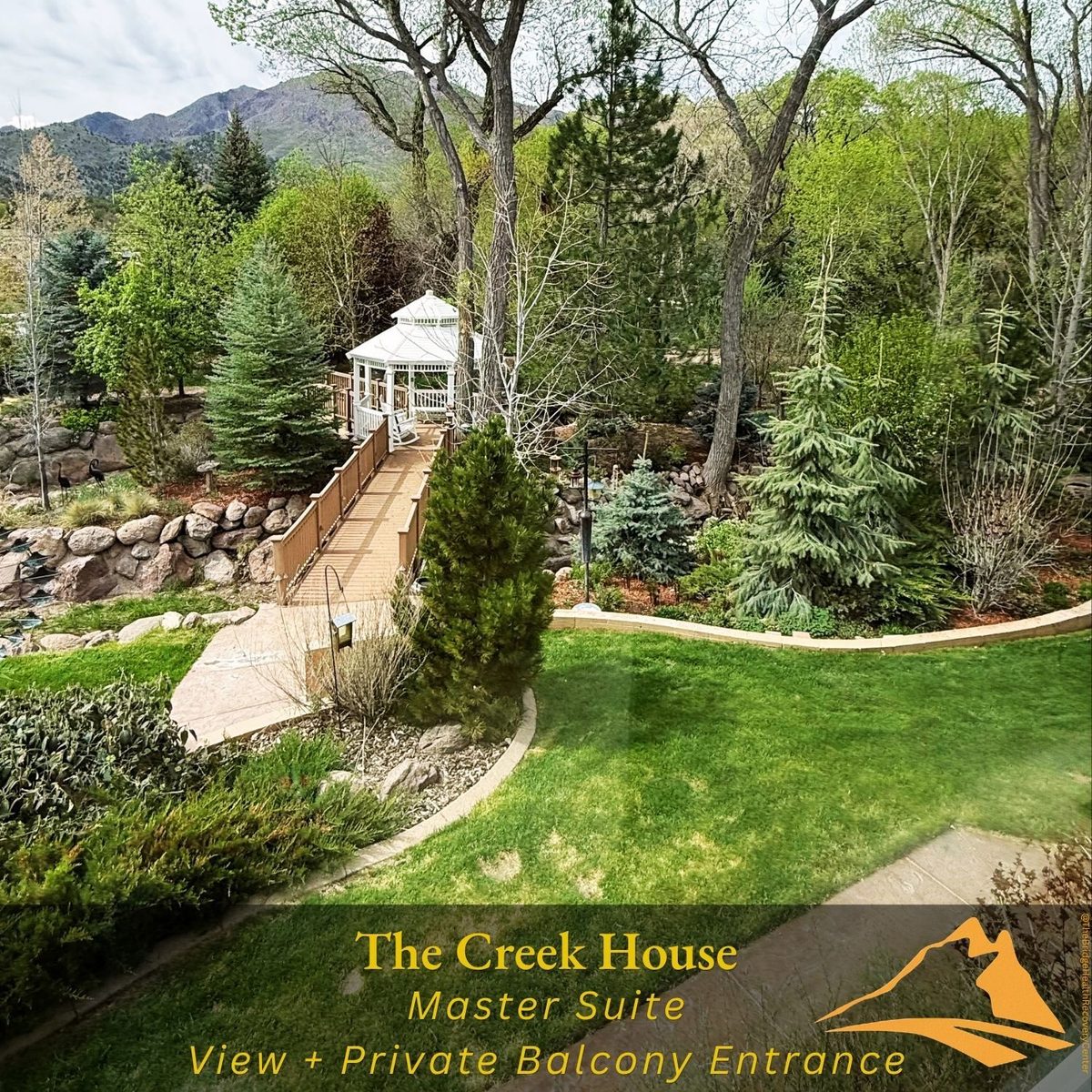 Master suite garden view with gazebo at The Creek House
