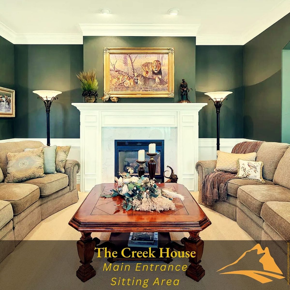 Cozy sitting area with fireplace at The Creek House