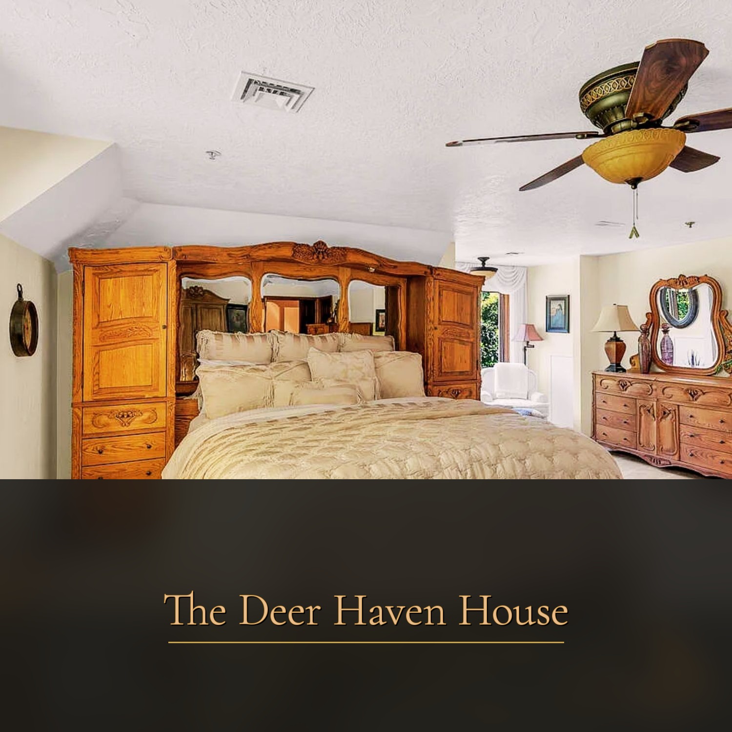 Upstairs second bedroom with ornate oak bed at The Deer Haven House