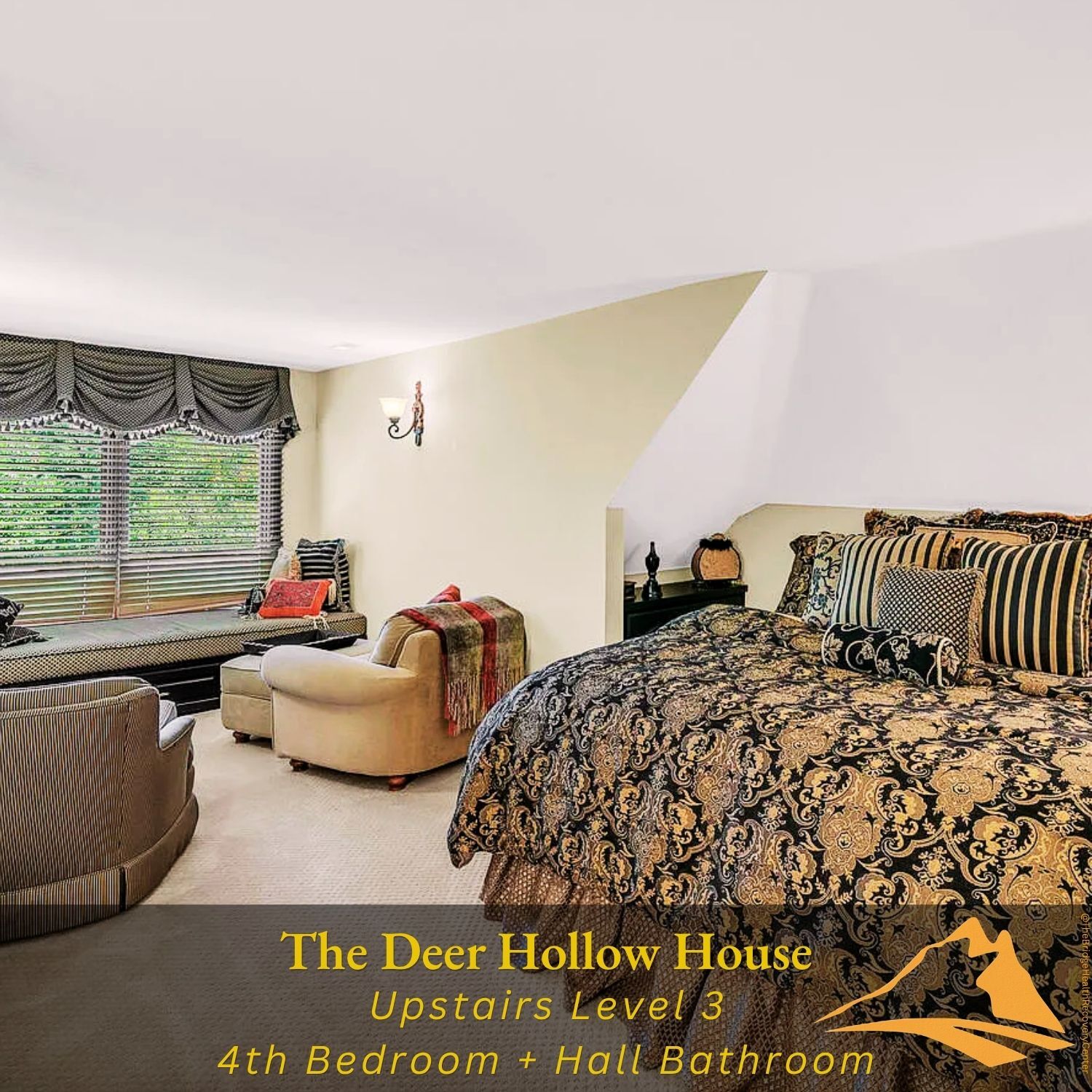 Fifth bedroom with damask bedding at The Deer Hollow House