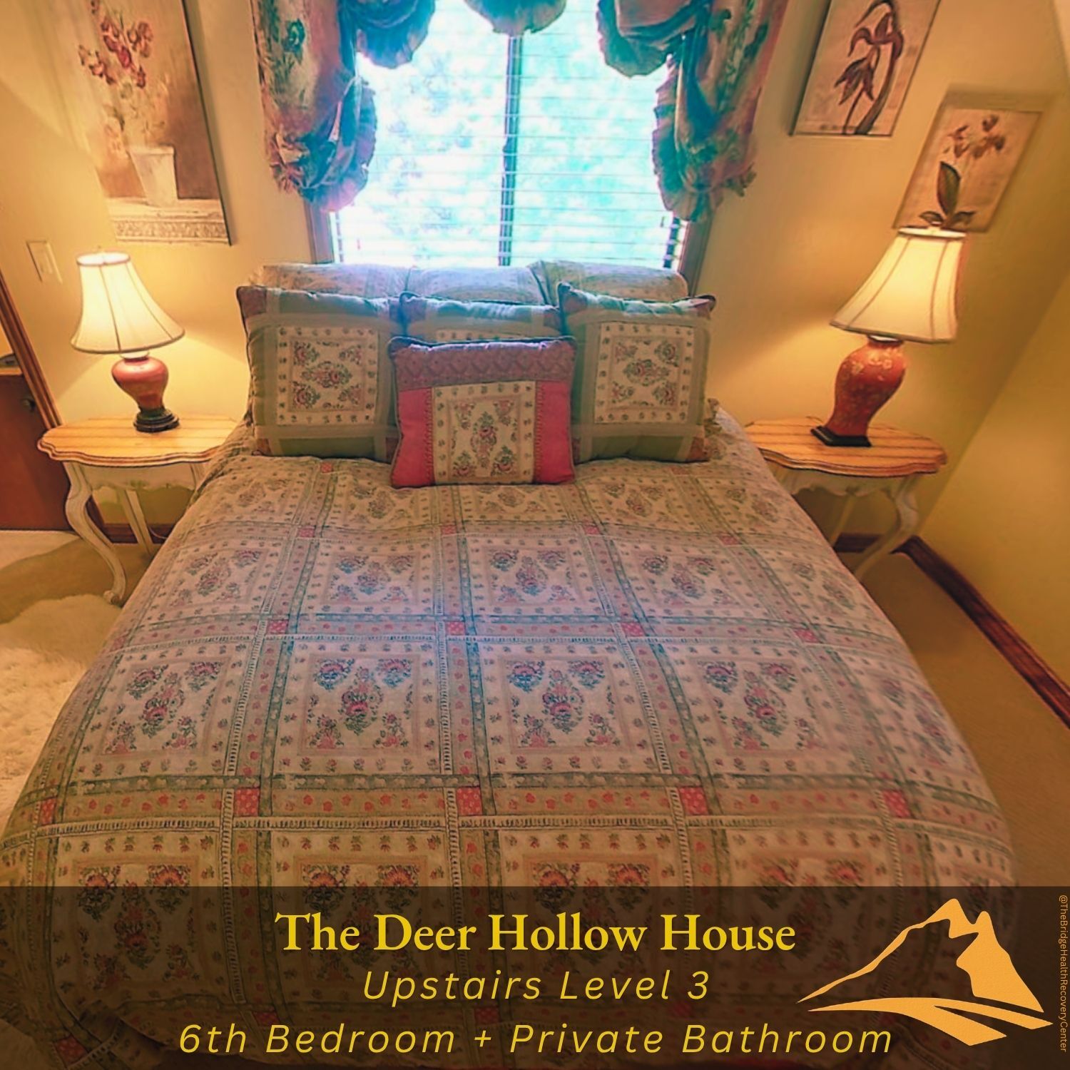 Seventh bedroom with floral quilt at The Deer Hollow House